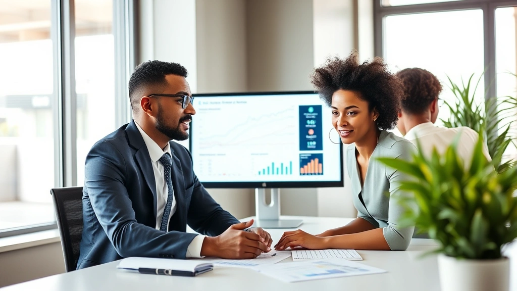 Professional financial advisor meeting with diverse client in modern office, reviewing investment portfolio on computer screen with charts visible on desk, natural daylight from windows