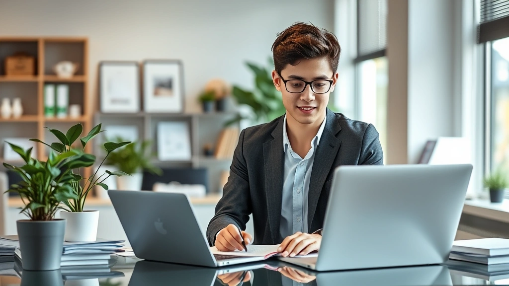 Young professional in business casual attire working at desk with laptop and financial documents, organized workspace with plant and professional decor, focused expression, modern office environment with natural light