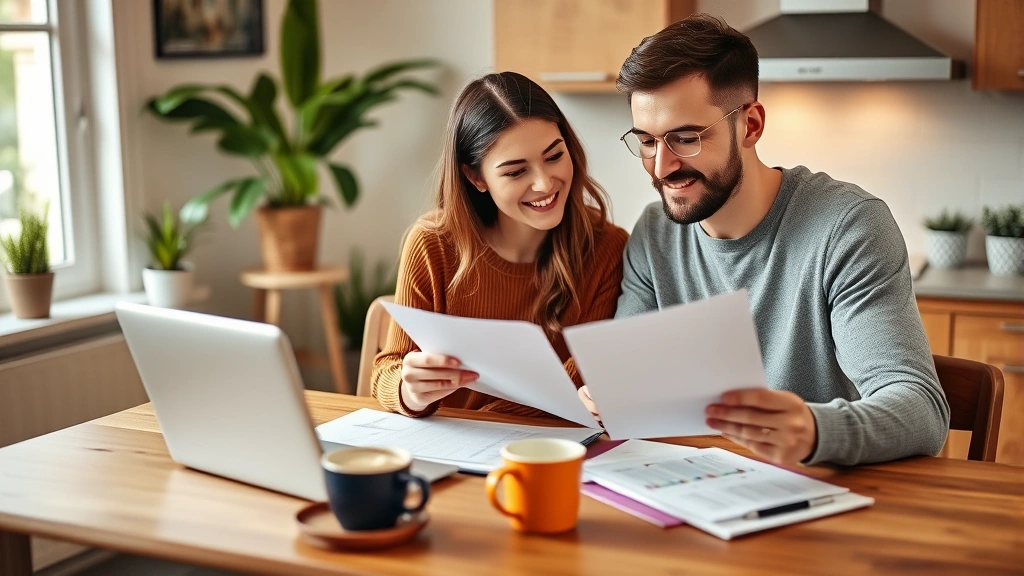 Young professional couple reviewing budget documents at kitchen table with laptop, coffee cups, and financial planning materials, warm home setting with plants in background