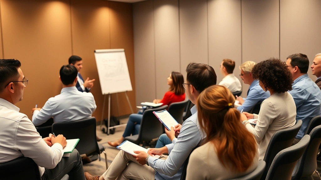 Diverse group in seminar room taking notes during wealth-building workshop, presenter at whiteboard, engaged audience members of various ages, professional educational environment