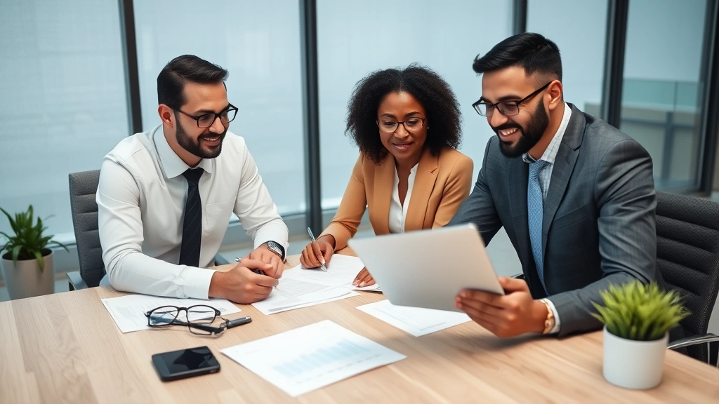 Professional financial advisor meeting with diverse client reviewing health insurance documents and investment portfolio on modern office desk with tablet and paperwork