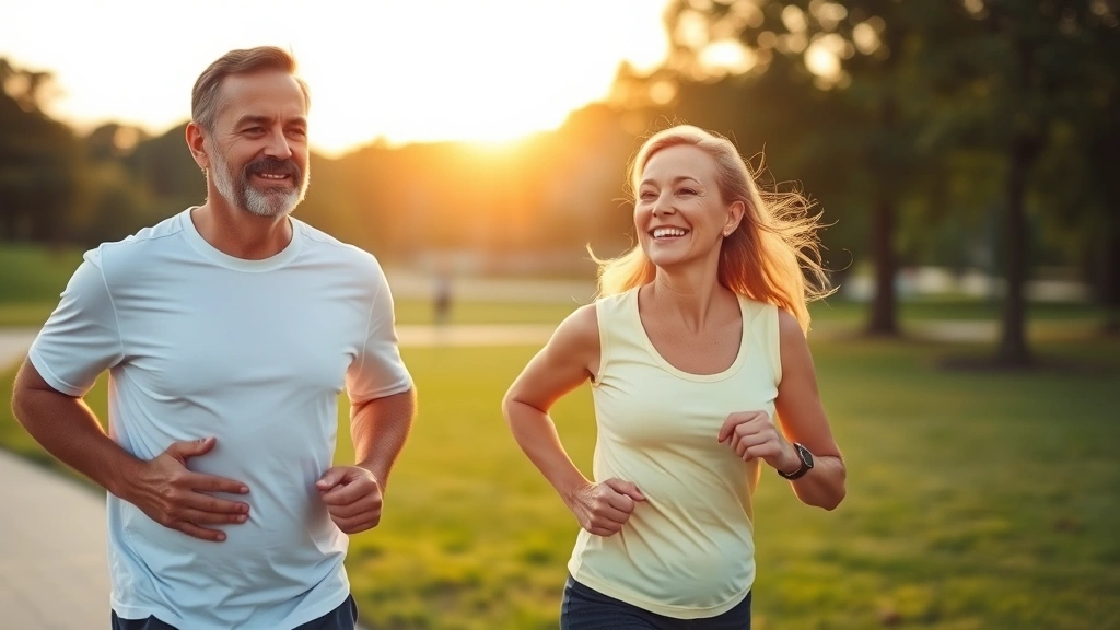 Healthy middle-aged couple jogging in park during golden hour, representing preventive health and wellness benefits of comprehensive health insurance coverage