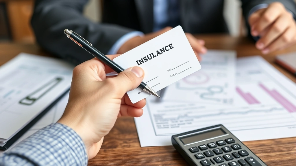 Close-up of hands holding health insurance card and pen, filling out enrollment form at desk with calculator and financial planning documents visible