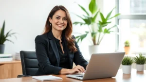 Professional woman in business attire sitting peacefully at a desk with laptop, looking calm and confident, natural office lighting, plants visible, representing financial planning with mental clarity