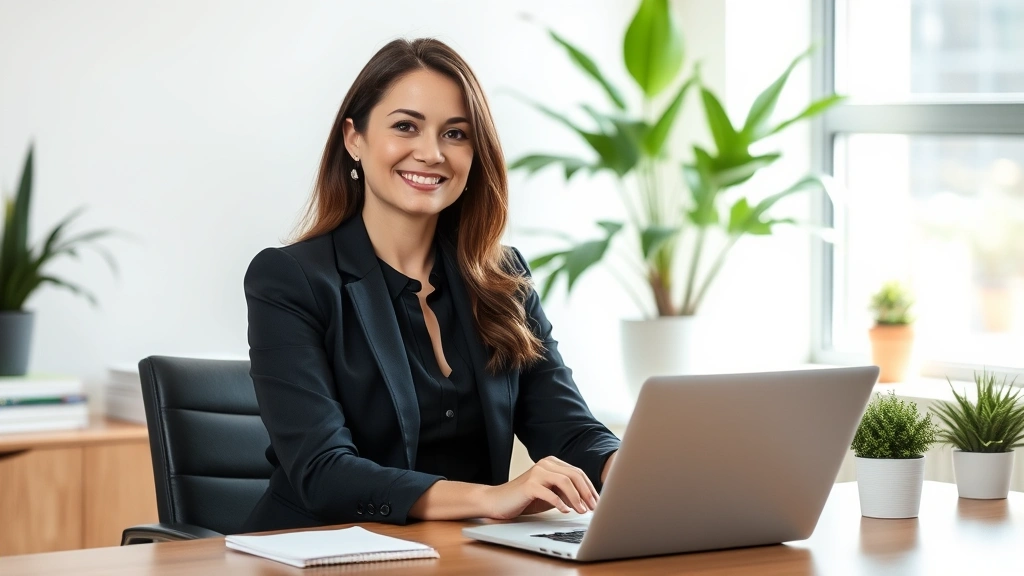 Professional woman in business attire sitting peacefully at a desk with laptop, looking calm and confident, natural office lighting, plants visible, representing financial planning with mental clarity