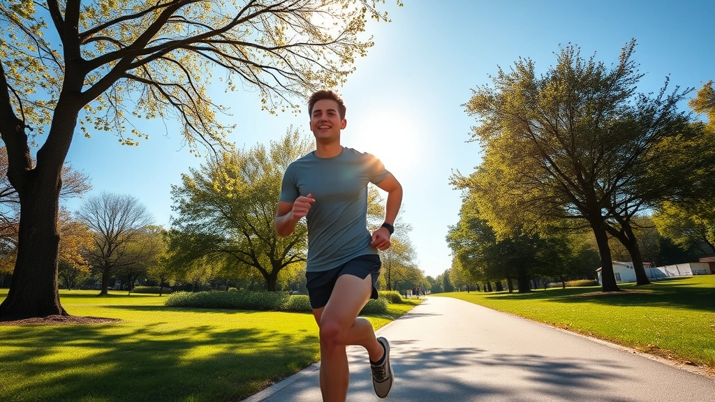 Person jogging outdoors on a sunny path through a park, athletic wear, healthy and energized expression, trees and blue sky, representing stress management and physical wellness for wealth builders