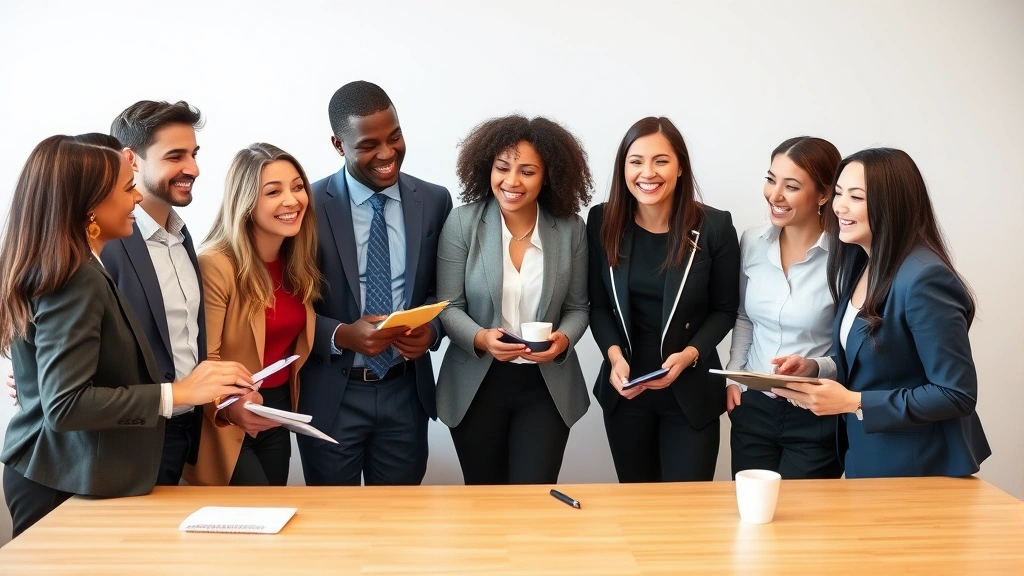 Diverse group of professionals in casual business clothing having a collaborative discussion around a table with notebooks and coffee, smiling and engaged, representing mentorship and professional support networks