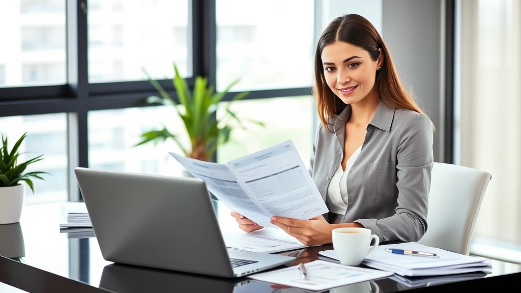 Professional woman reviewing health insurance documents at modern desk with laptop and coffee, organized workspace with financial papers, natural lighting, confident expression, contemporary office setting