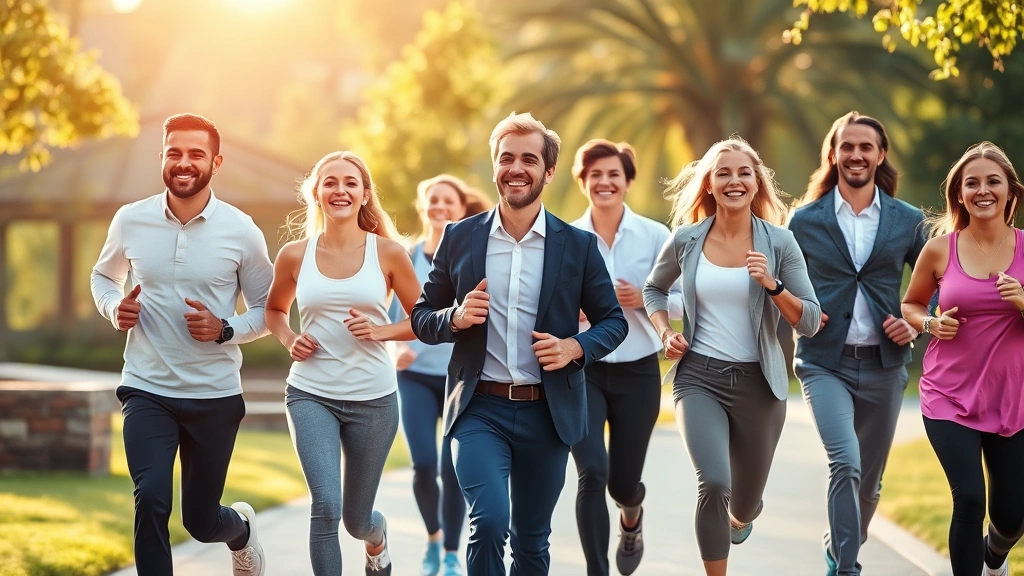Diverse group of healthy professionals in business casual clothing exercising together outdoors, jogging through park, energetic and positive mood, morning sunlight, wellness and vitality focus