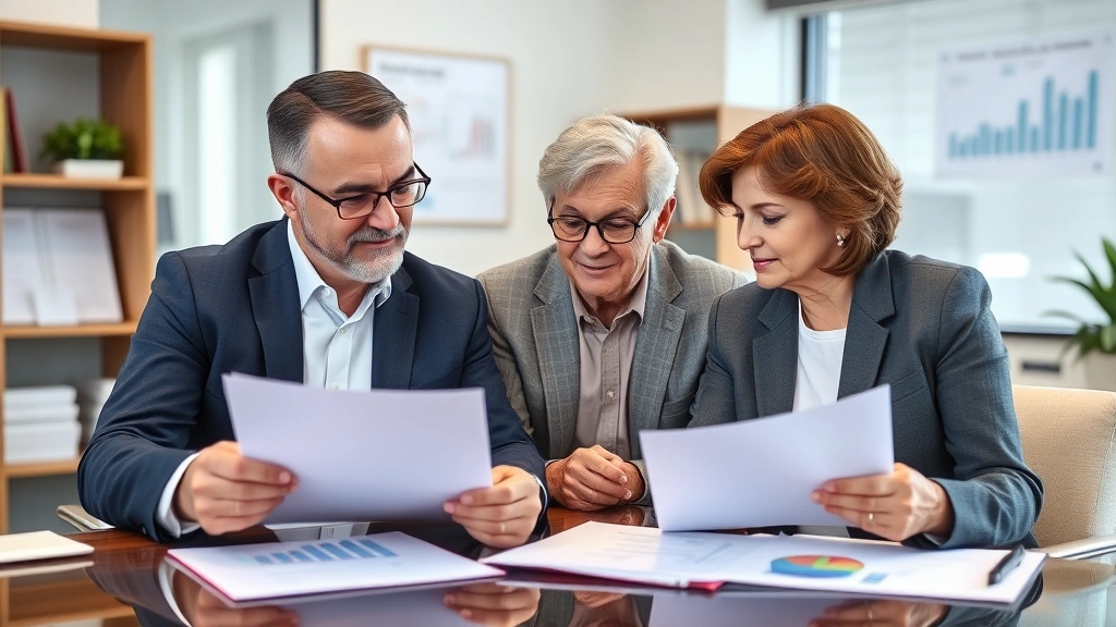 Financial advisor meeting with couple reviewing retirement and healthcare planning documents, modern office, charts and planning materials visible, collaborative discussion, trust and expertise conveyed