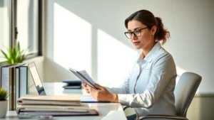 Professional woman sitting at modern desk reviewing medical documents on tablet and laptop, organized file folders nearby, natural sunlight, confident expression, contemporary office environment, warm lighting, clean minimalist workspace