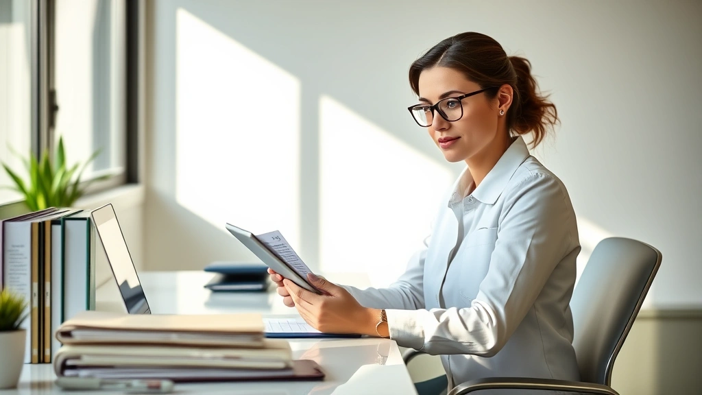 Professional woman sitting at modern desk reviewing medical documents on tablet and laptop, organized file folders nearby, natural sunlight, confident expression, contemporary office environment, warm lighting, clean minimalist workspace