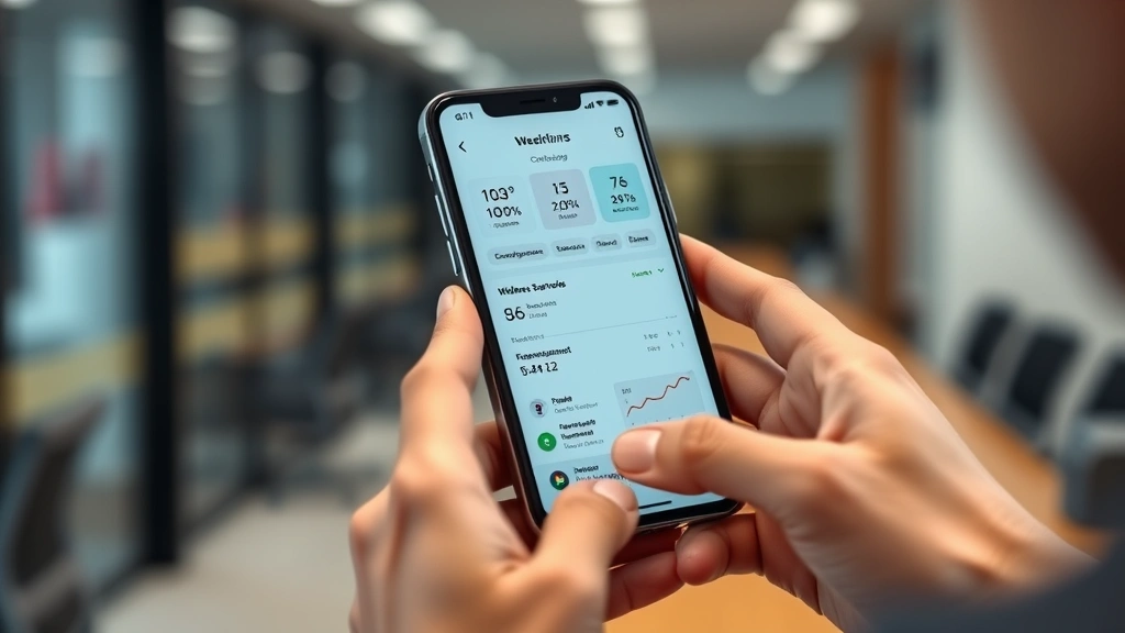 Close-up of person's hands holding smartphone displaying health app dashboard with wellness metrics, calendar, and appointment scheduling interface, blurred office background, professional appearance, modern technology focus
