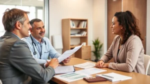 Professional financial advisor reviewing healthcare benefits documents with patient in modern medical office, detailed charts and insurance papers on desk, warm lighting, confident consultation setting