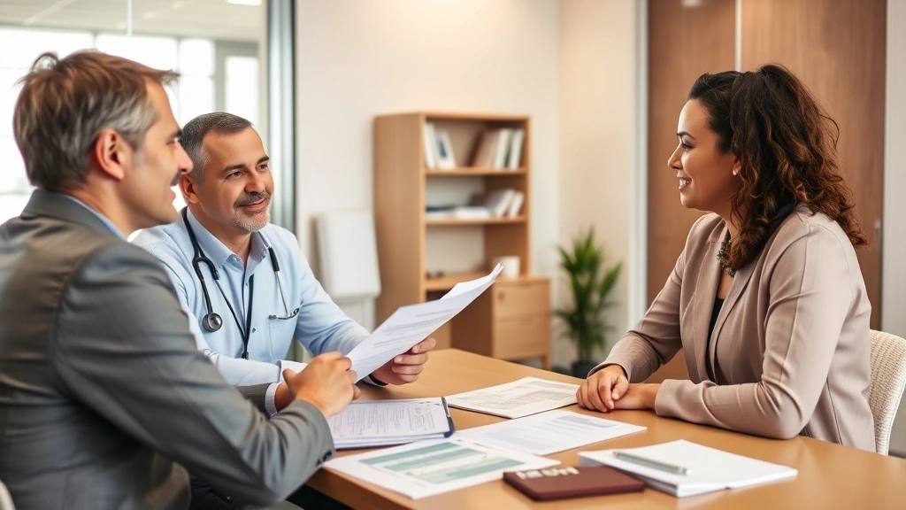 Professional financial advisor reviewing healthcare benefits documents with patient in modern medical office, detailed charts and insurance papers on desk, warm lighting, confident consultation setting