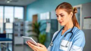 Professional healthcare worker reviewing patient health records on digital tablet in modern medical office, natural lighting, focused expression, contemporary medical setting with soft blues and greens