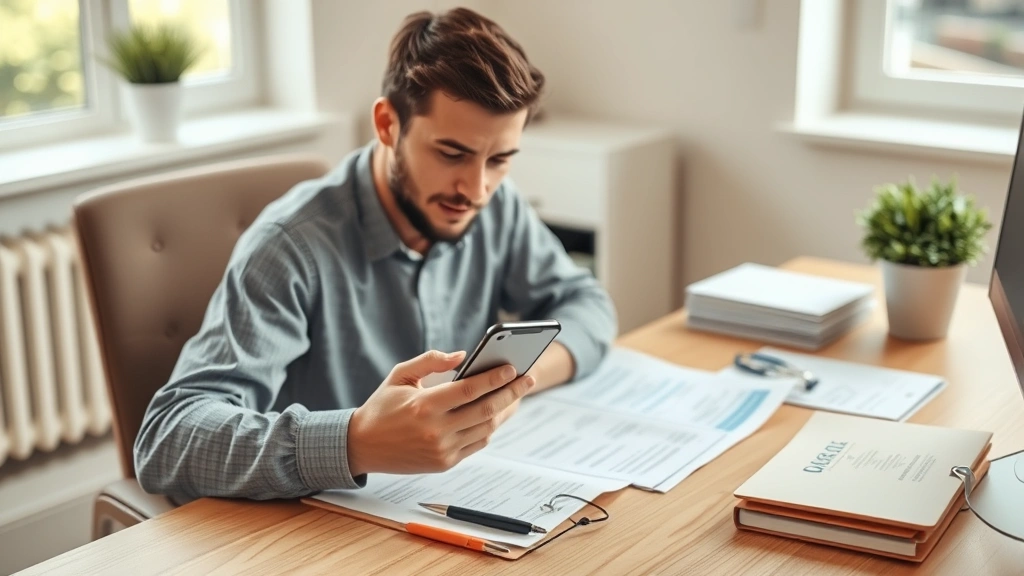 Person using smartphone to review medical bills and healthcare expenses, sitting at home desk with financial documents, natural daylight, peaceful concentrating demeanor, minimalist workspace