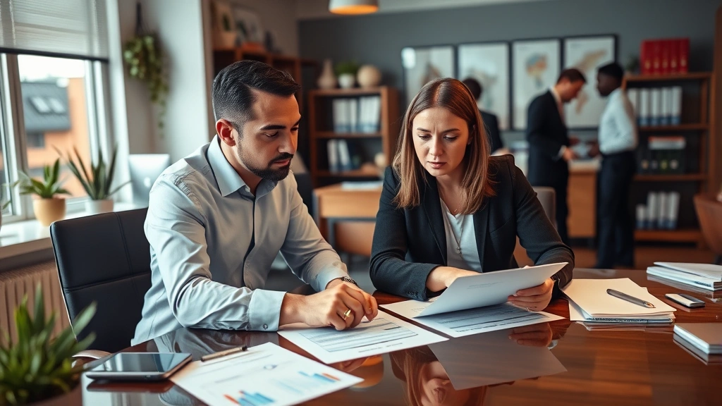 Financial advisor and client reviewing healthcare cost planning documents together in office, diverse professionals, warm professional environment, charts and planning materials visible on desk
