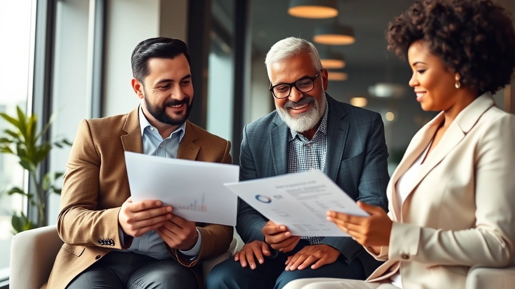 Professional financial advisor meeting with diverse couple reviewing investment portfolio and wealth strategy documents in modern office setting, warm lighting, confident expressions, charts and graphs visible