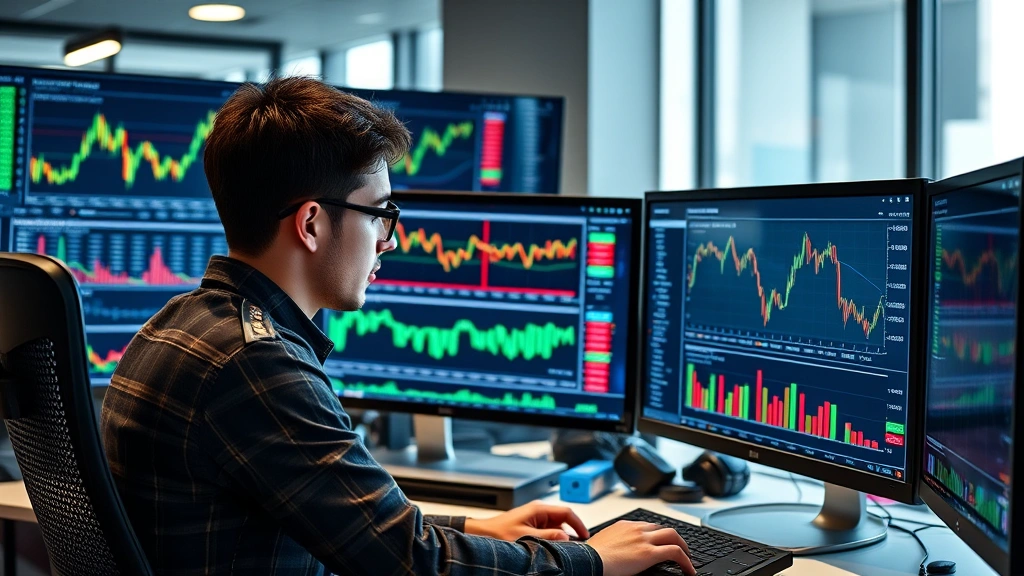 Young professional analyzing stock market performance on multiple monitors with growth charts and financial data, modern workspace, focused concentration, wealth building concept