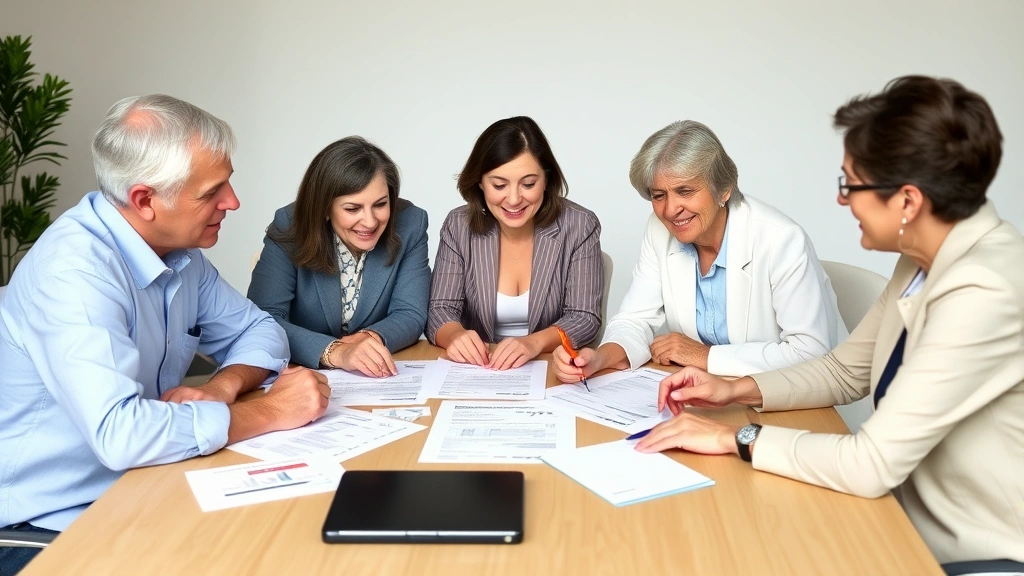 Diverse family reviewing retirement and investment plans with financial advisor at table, documents spread out, collaborative planning session, optimistic atmosphere, financial security theme