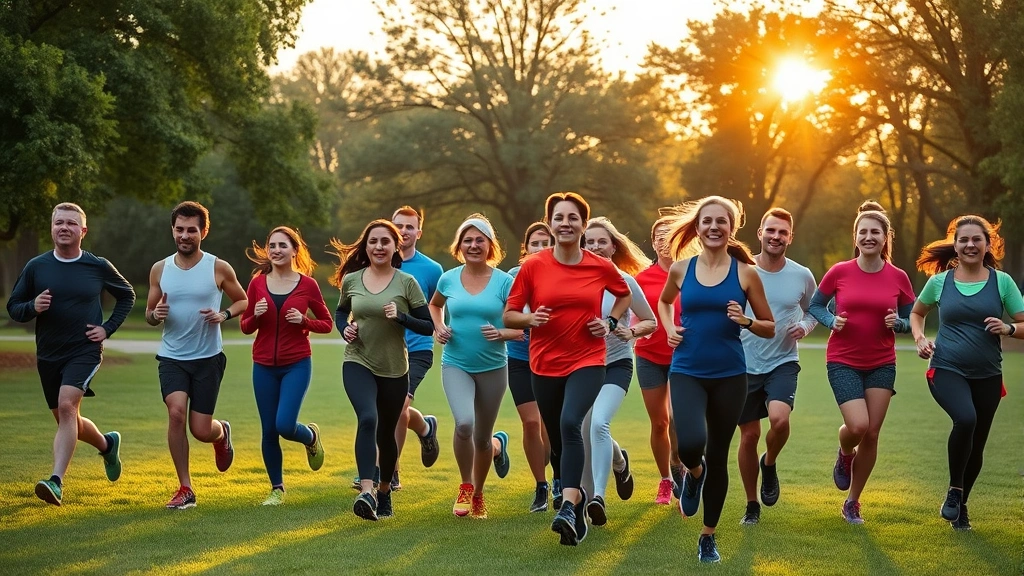 Diverse group of people jogging together in park during sunrise, athletic wear, trees and green grass, positive energy and motivation, outdoor fitness community