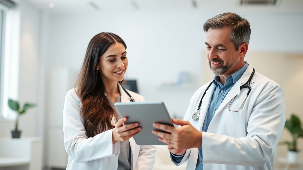 Professional female healthcare provider in white coat reviewing medical records with attentive male patient in modern bright clinic office setting, both looking at tablet together, warm lighting, professional atmosphere