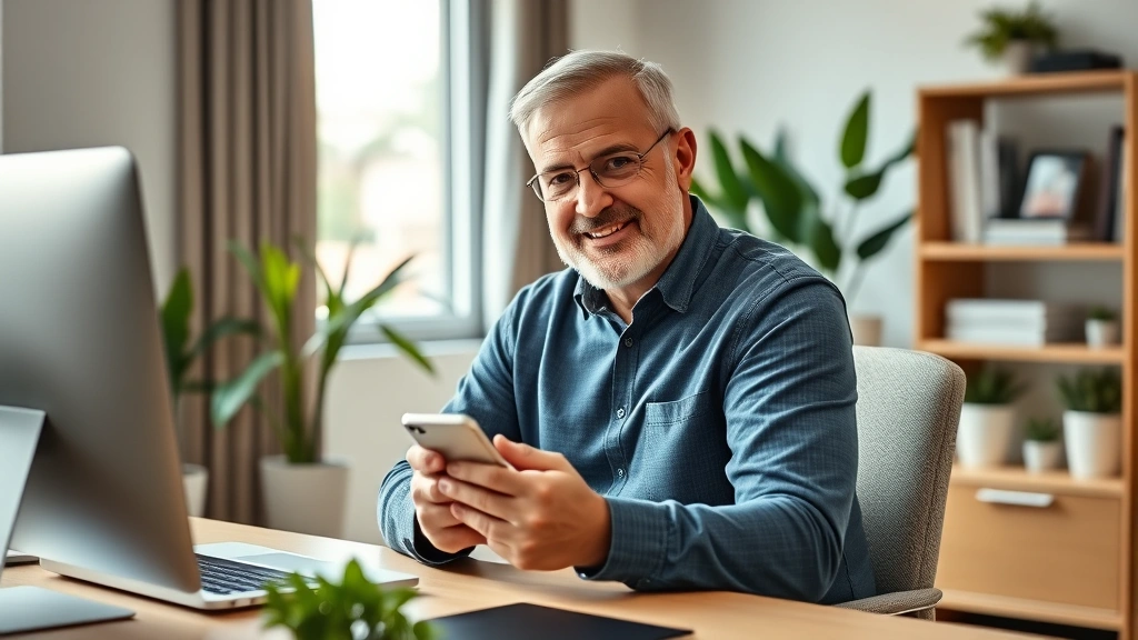 Middle-aged man sitting at home office desk using smartphone to access healthcare app, confident expression, modern home setting with plants and natural light coming through window, secure digital healthcare concept