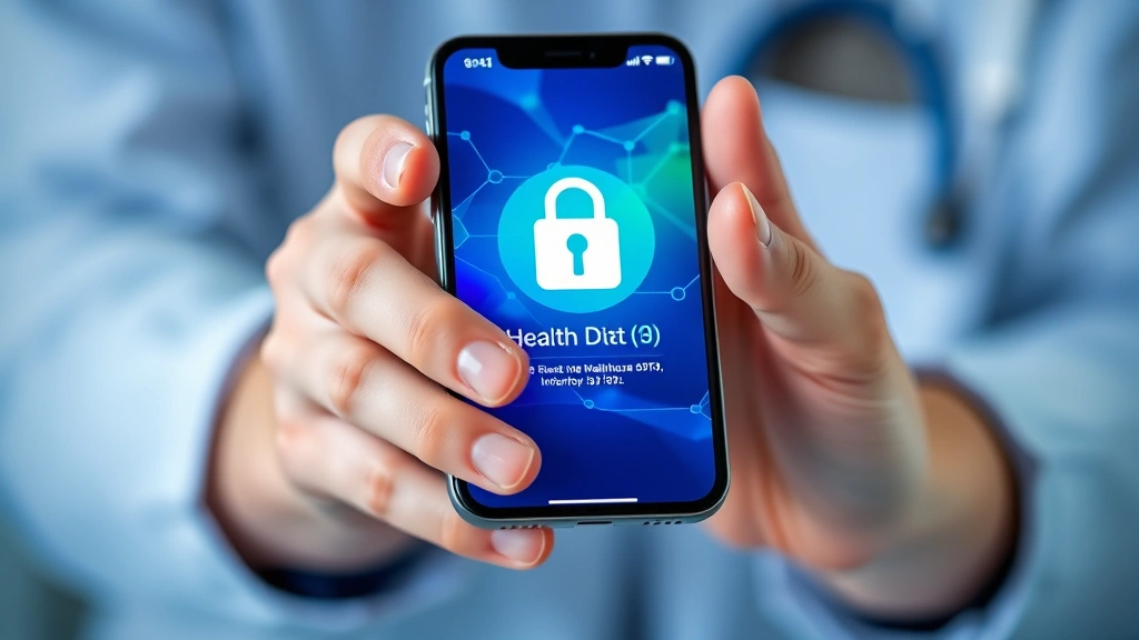 Close-up of hands holding smartphone displaying healthcare app interface with security lock symbol and health data, blue and green color scheme, representing digital privacy and secure medical information management