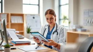 Professional woman reviewing health records on tablet in modern medical office, natural lighting, organized desk with charts and documents