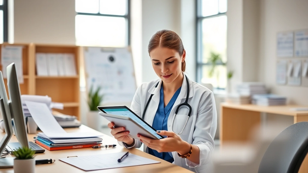 Professional woman reviewing health records on tablet in modern medical office, natural lighting, organized desk with charts and documents