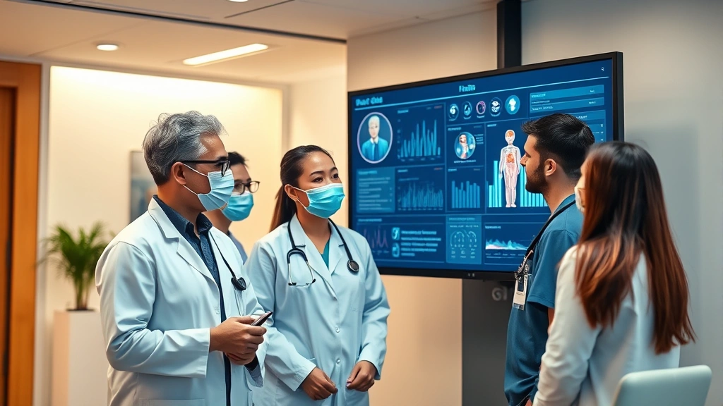 Diverse healthcare team reviewing digital patient information on large monitor, collaborative environment, modern clinic setting with warm lighting