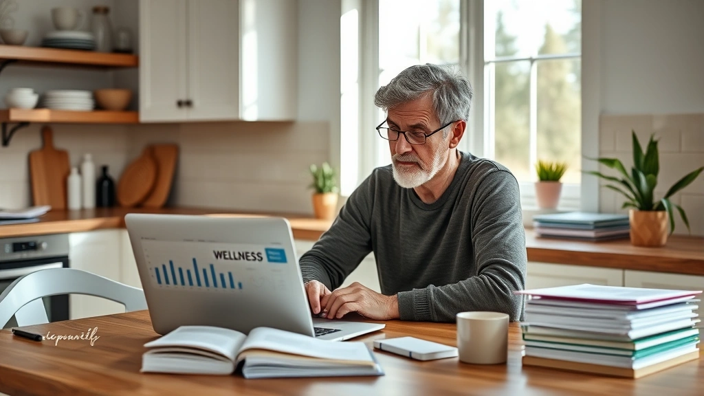 Mature couple looking at wellness dashboard on laptop at home kitchen table, peaceful environment, documents organized nearby, morning light