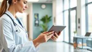 Professional woman using tablet in modern medical clinic office, reviewing patient health records digitally, bright natural lighting, contemporary healthcare setting