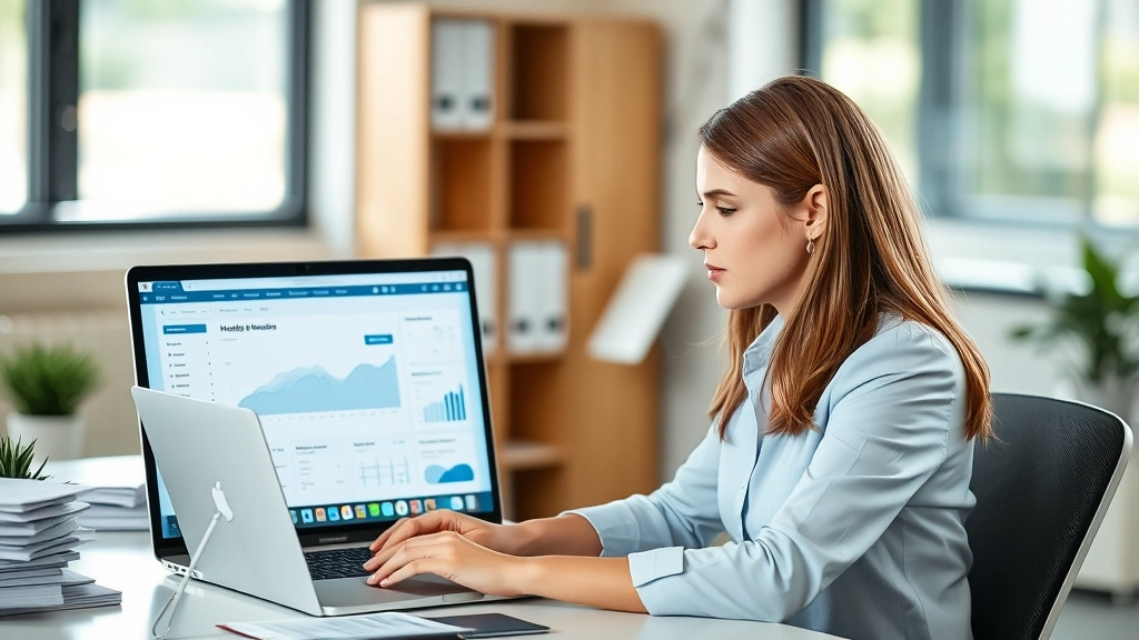 Professional woman sitting at desk reviewing digital health records on laptop screen, organized filing system with medical documents visible, modern office environment, natural lighting, focused expression analyzing financial data