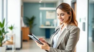 Professional woman in business attire reviewing health data on tablet in modern healthcare clinic, confident expression, natural lighting, wellness focus