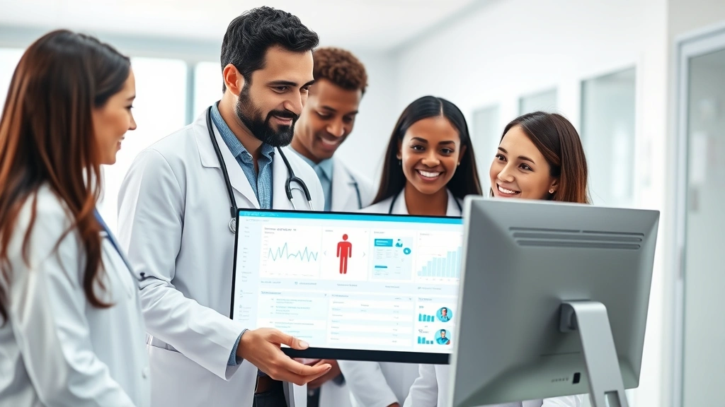 Diverse healthcare team in white coats reviewing digital medical charts on computer screen, collaborative clinical environment, modern hospital or clinic background
