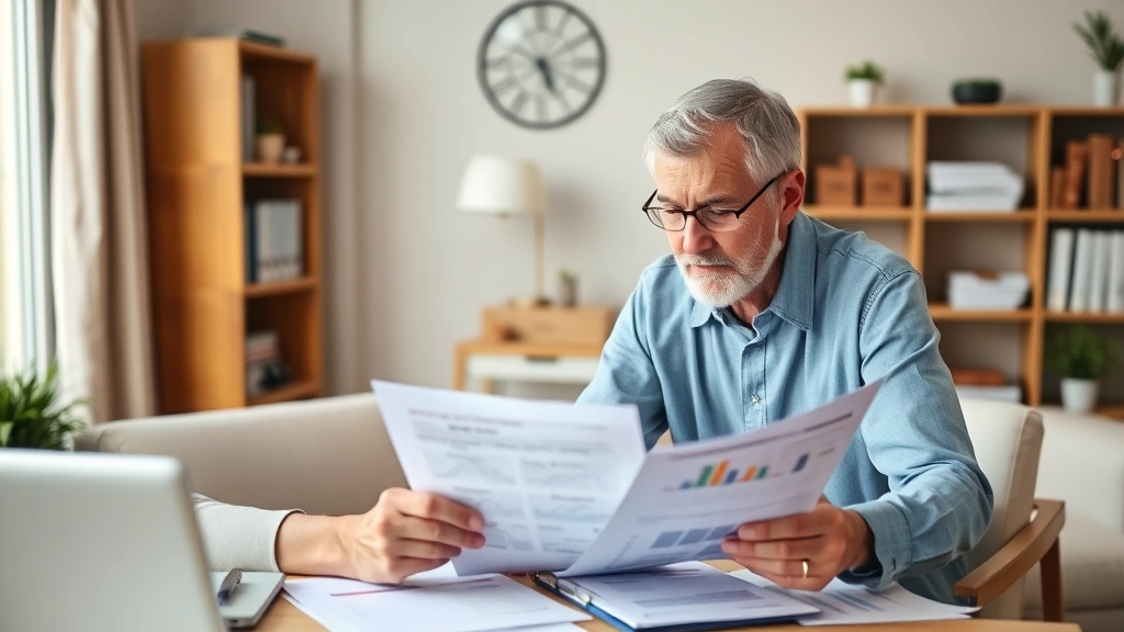 Middle-aged couple reviewing financial documents and health records together at home desk, collaborative planning atmosphere, organized paperwork visible