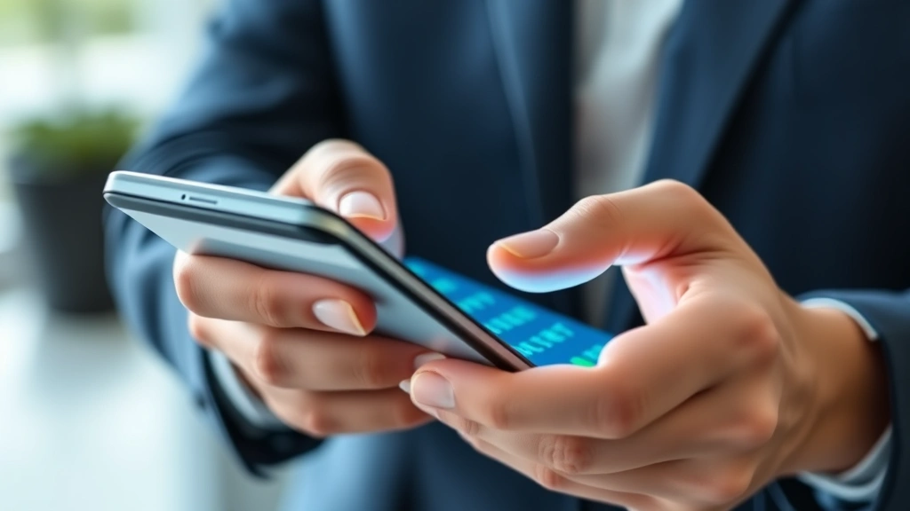Close-up of hands using smartphone to access secure health portal application, blue and green interface elements, professional business casual setting, representing patient empowerment