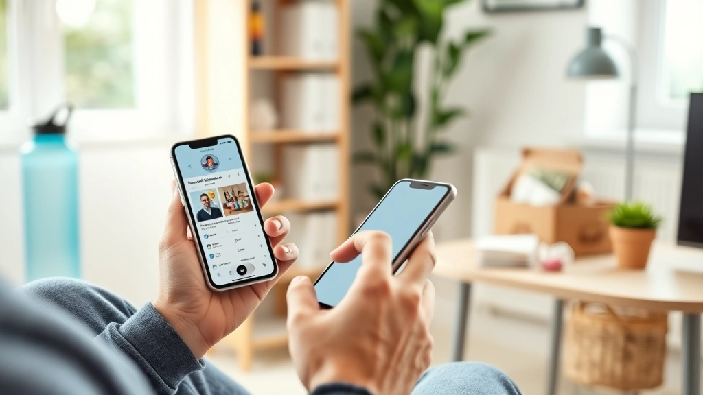 Person using smartphone with healthcare app open, sitting in comfortable home office, wellness items visible like water bottle and healthy snacks, calm focused expression managing medical expenses digitally
