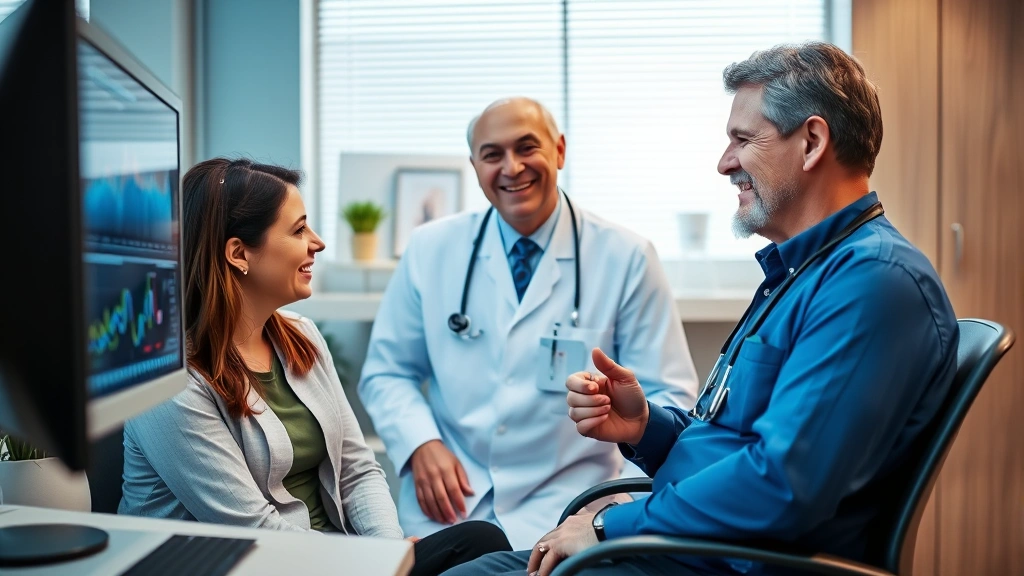 Healthcare provider discussing patient health metrics on computer screen, positive interaction, modern medical office environment, trust and communication