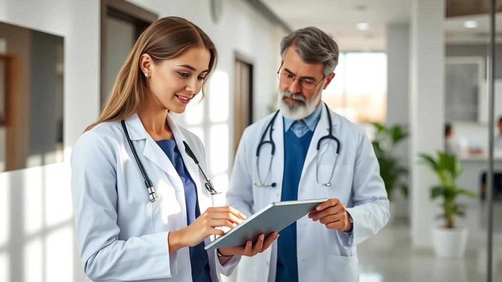 Professional woman using tablet computer reviewing digital medical records with healthcare provider in modern clinic office, natural lighting, clean contemporary workspace