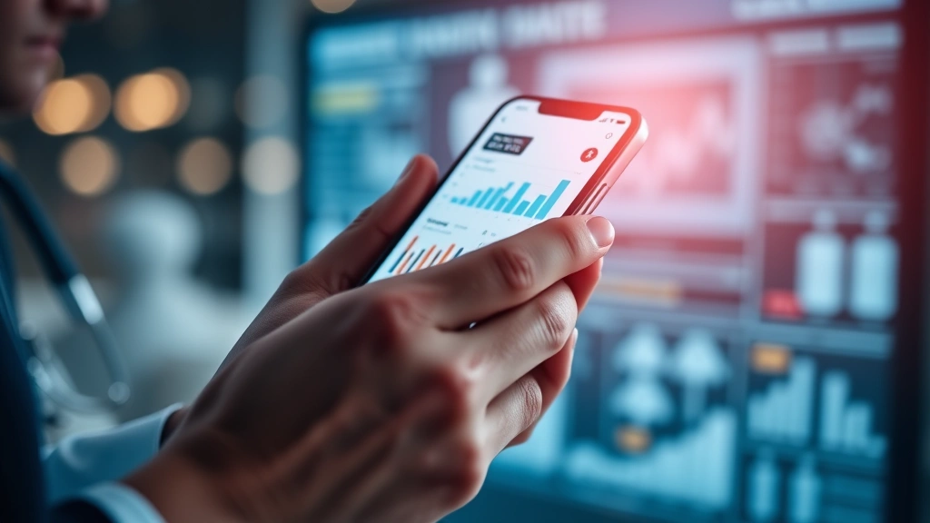 Close-up of hands holding smartphone displaying health information dashboard with charts and medical data, modern healthcare technology interface visible