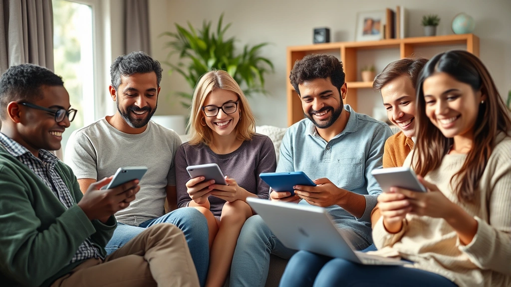 Diverse group of people smiling while using various devices to access online healthcare portal, sitting in comfortable home environments with natural lighting