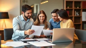 Professional financial advisor meeting with young couple reviewing health insurance documents and laptops in modern office setting, warm lighting, papers spread on desk, focused consultation atmosphere