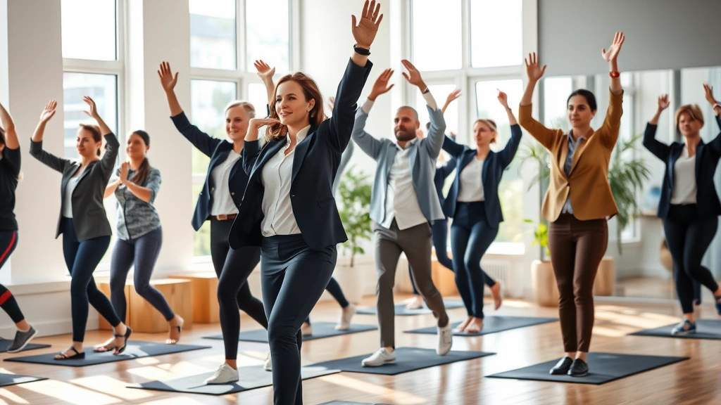 Diverse group of healthy professionals in business casual clothing exercising and stretching together in bright modern wellness center, natural lighting through windows, positive energy, active lifestyle