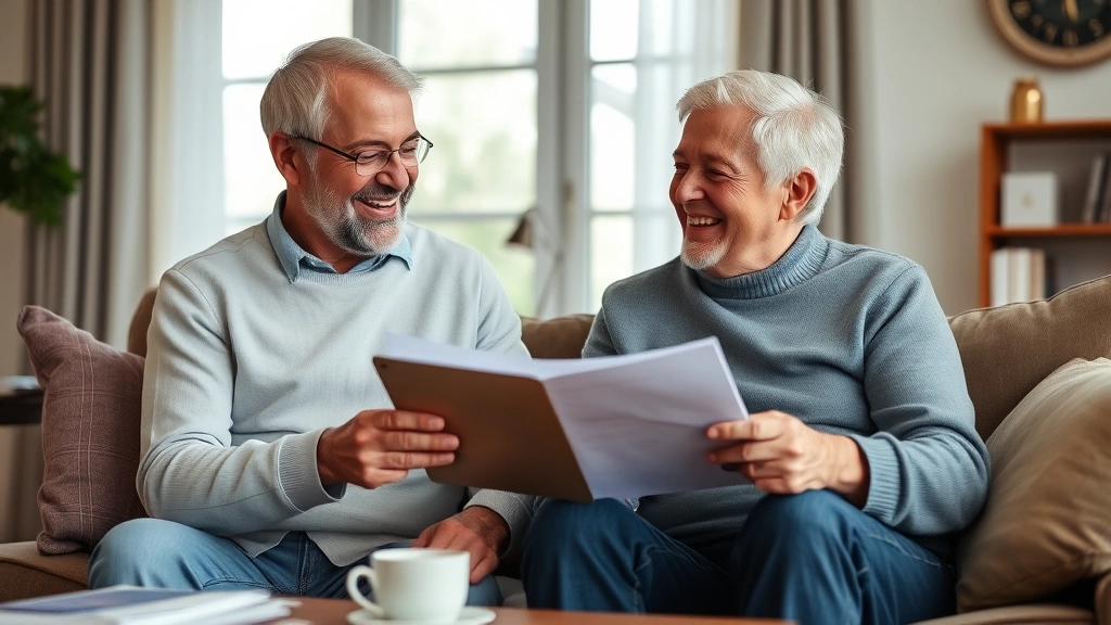 Senior couple laughing together at home reviewing medical bills and insurance paperwork with tablet and coffee, comfortable living room, satisfied expressions, trust and security evident