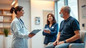 Professional healthcare worker assisting mature postal employee in modern medical clinic consultation room, warm lighting, genuine interaction, focused on patient wellbeing