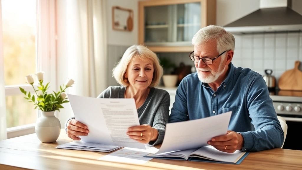 Active senior couple reviewing health insurance documents and wellness information at home kitchen table, natural daylight, organized paperwork, positive expressions
