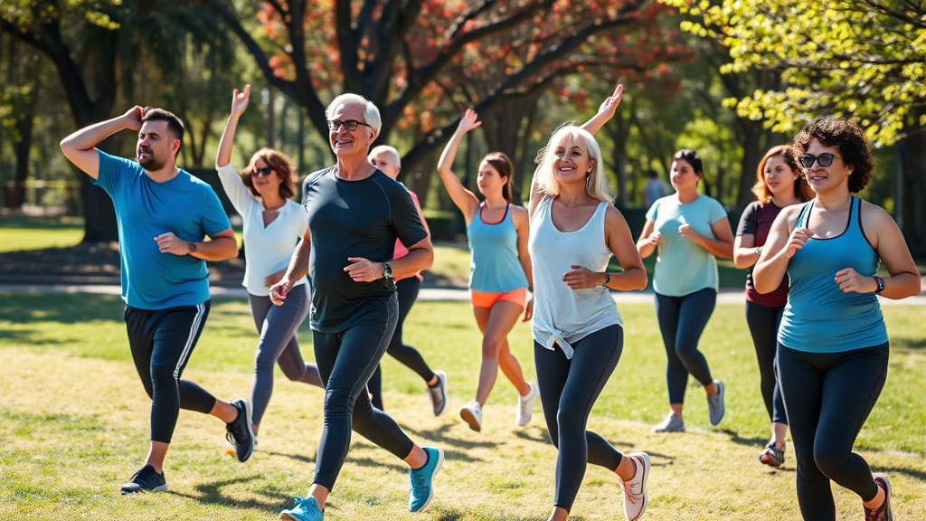 Diverse group of people exercising outdoors in park, walking and stretching, wellness activities, natural environment, bright daylight, healthy lifestyle demonstration